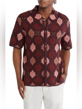 TRUTH Men’s Crochet Diamond Button Down Shirt Medium NWT Burgundy Open Knit Camp